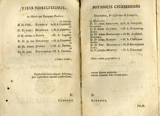 The page of Philosophia botanica by Linnaeus where Giuseppe Monti is listed amongst the most famous Botanists of his time.