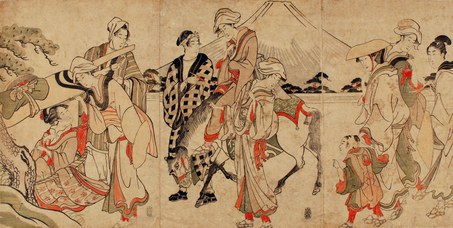 Anonymous (triptych): "Travellers with Mount Fuji on the background", end of 18th century
