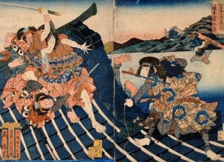 Hokuei (diptych): "Battle on the roof of a building", 1833