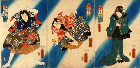 Utagawa Kunisada (trittico): Scena teatrale con sfondo a strisce diagonali, 1854