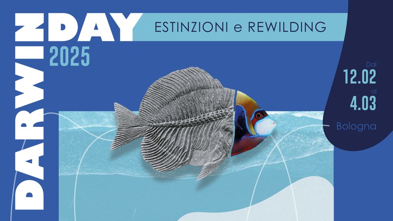Grafica Darwin Day 2025 con pesce fossile che diventa pesce vivente Grafica Darwin Day 2025 con pesce fossile che diventa pesce vivente