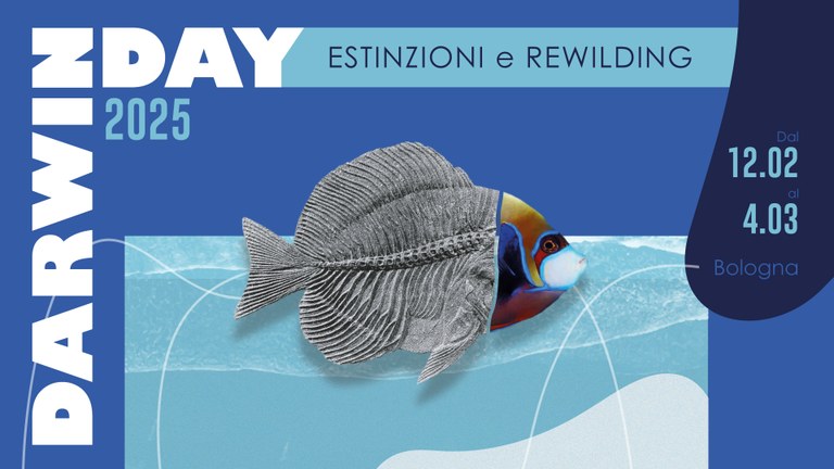 Grafica Darwin Day 2025 con pesce fossile che diventa pesce vivente