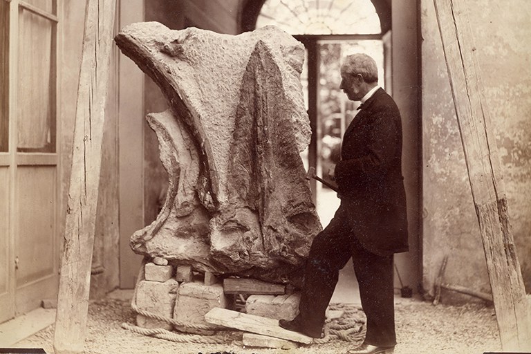 Foto in bianco e nero del geologo Giovanni Capellini con un reperto fossile