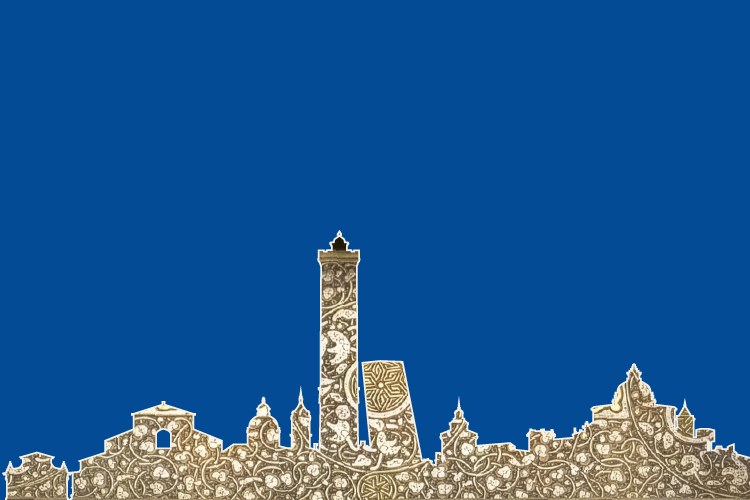 Parkour! skyline di Bologna con motivi orientali su sfondo blu
