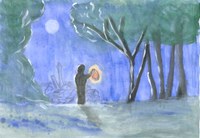 Acquerello. Figura con lanterna nel bosco