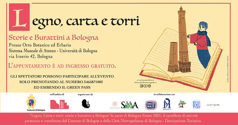Locandina spettacolo "Legno, carta e torri. Storie e burattini a Bologna"