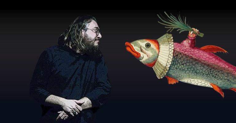 Ritratto di Roberto Mercadini con pesce illustrato di Ulisse Aldrovandi Ritratto di Roberto Mercadini con pesce illustrato di Ulisse Aldrovandi