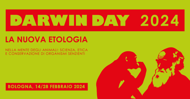 Grafica Darwin Day 2024 con sagome di Darwin e scimpanzè
