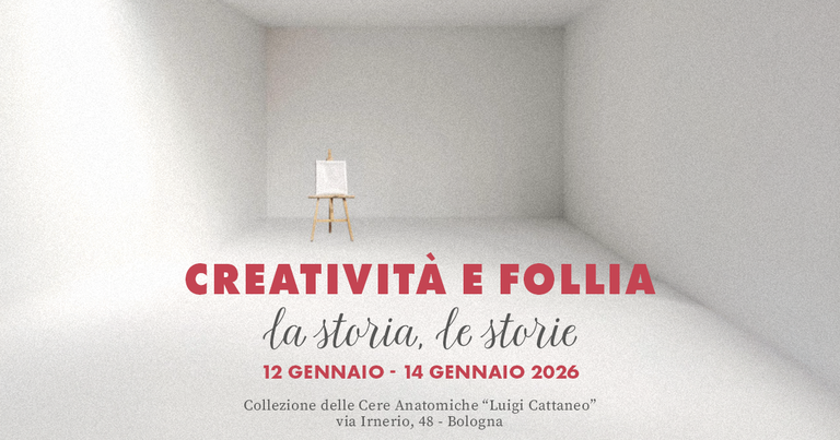 Grafica mostra Creatività e follia. Mostra un cavalletto con una tela in una stanza vuota e testo c Grafica mostra Creatività e follia. Mostra un cavalletto con una tela in una stanza vuota e testo c