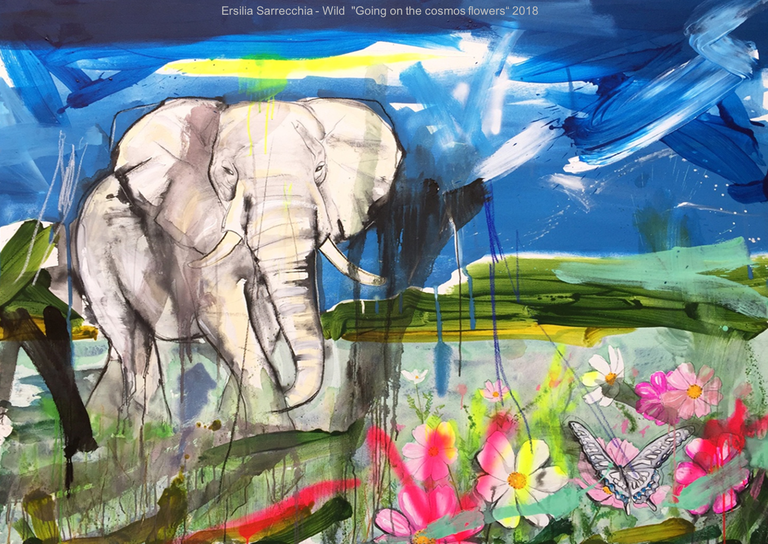 Wild, opera pittorica di Ersilia Caponetti con elefante in mezzo alla natura