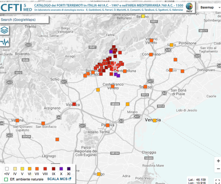 Mappa terremoti area veneta