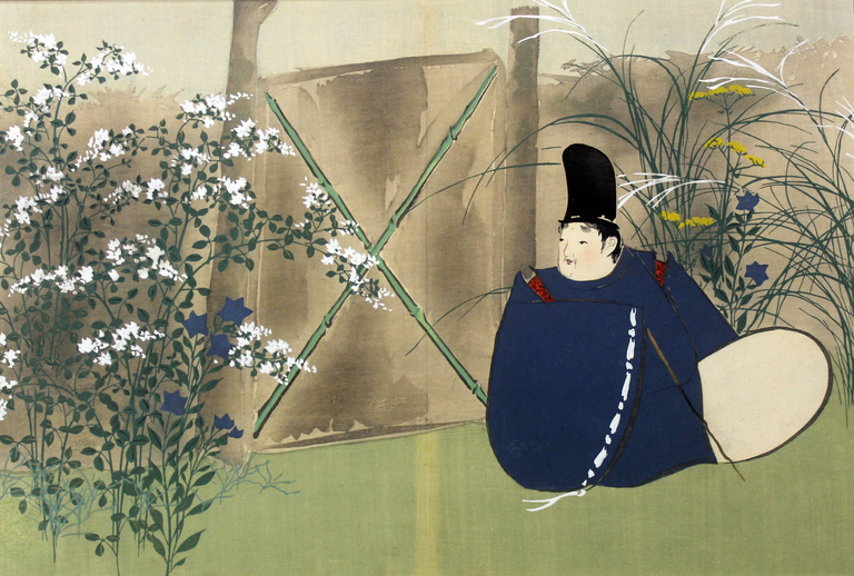 Xilografia giapponese rappresentante un uomo giapponese circondato da fiori bianchi e blu