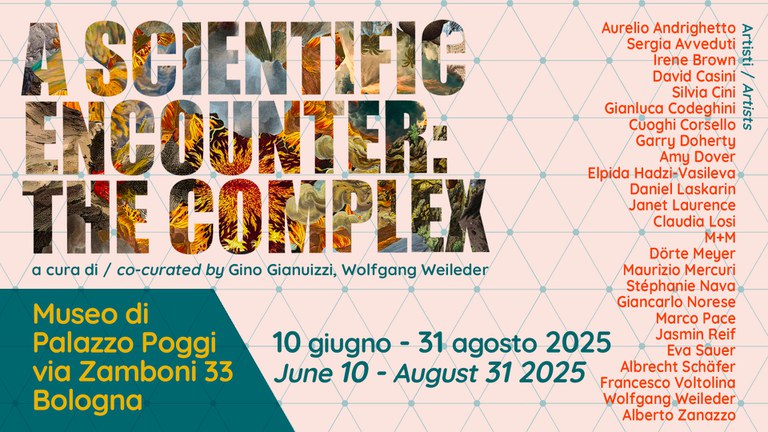 A scientific encounter grafica Grafica di mostra con titolo, date e artisti in mostra